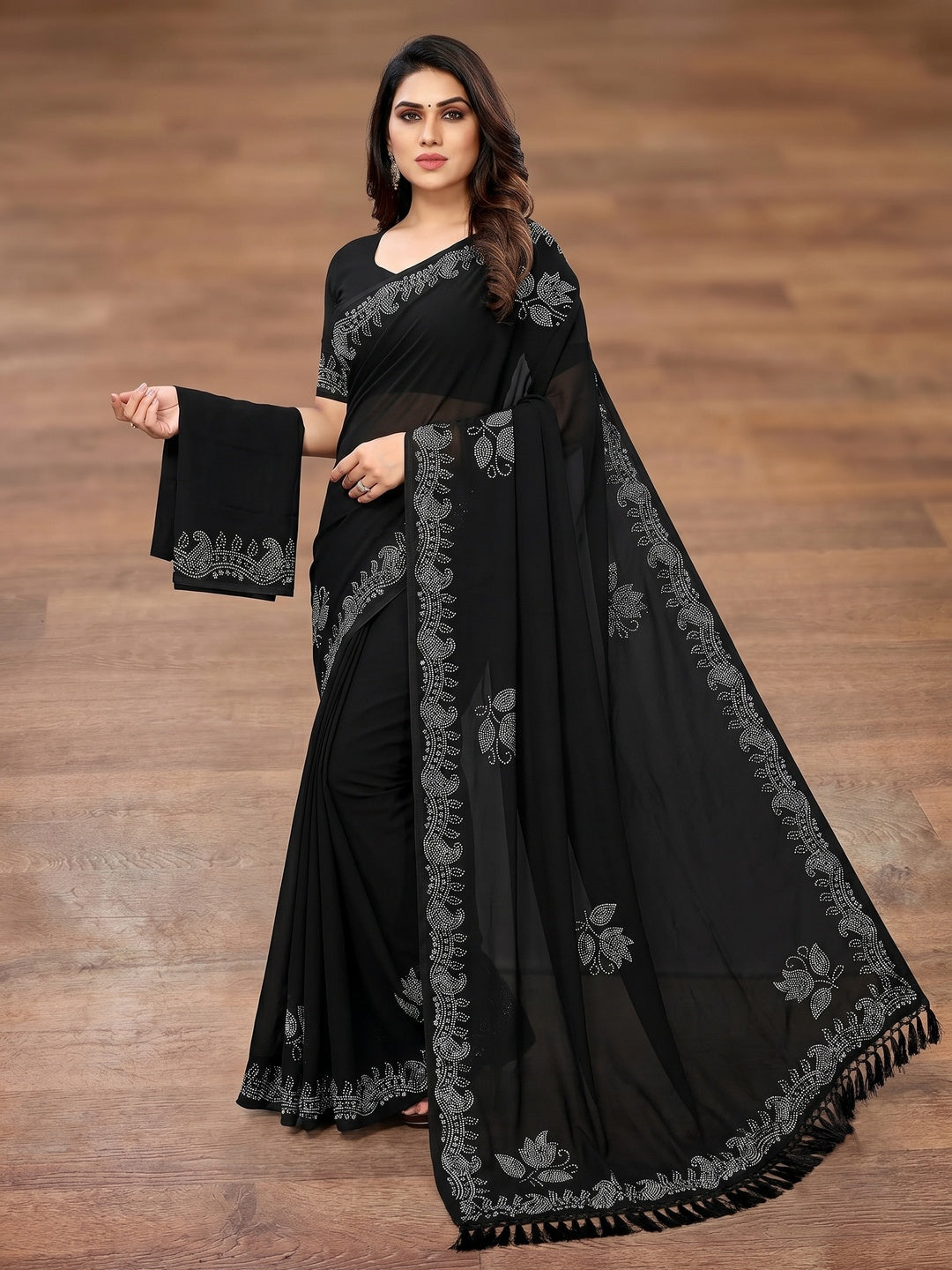 Black Floral Swarovski Work Georgette Saree With Tassels - Image 1