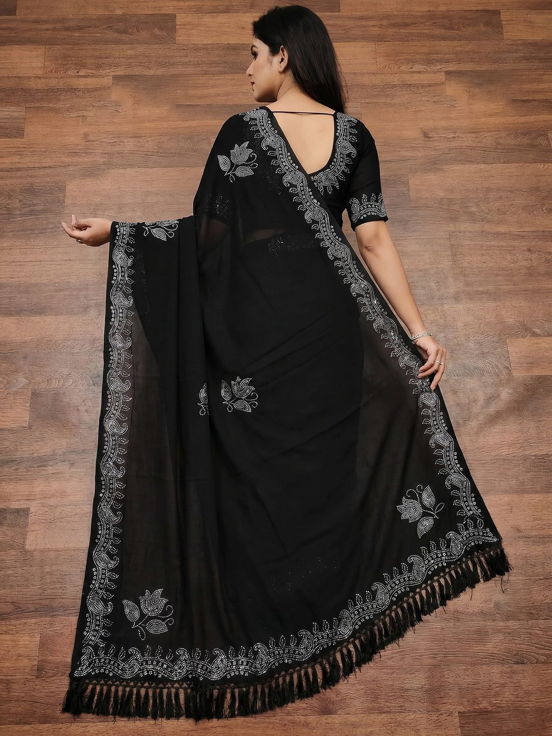 Black Floral Swarovski Work Georgette Saree With Tassels - Image 2
