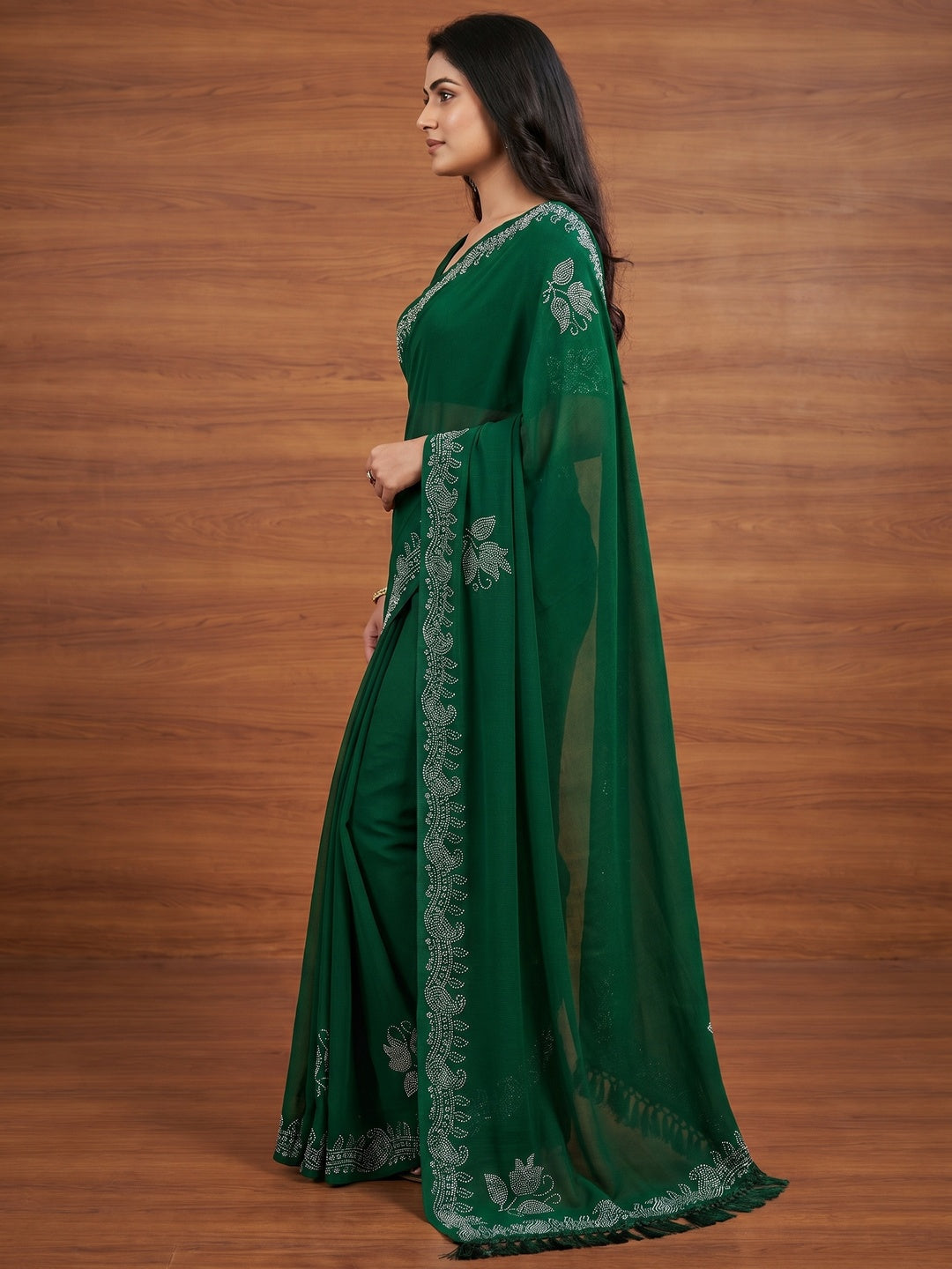 Green Floral Swarovski Work Georgette Saree With Tassels - Image 2