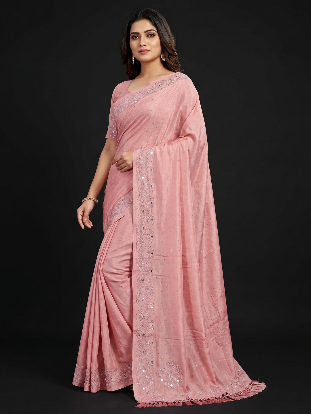 Peach Mirror With Swarovski Work Chinon Saree - Image 1