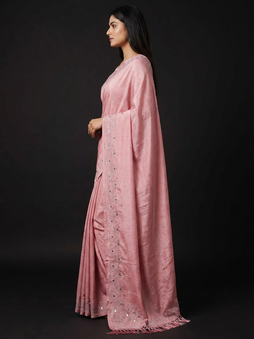 Peach Mirror With Swarovski Work Chinon Saree - Image 3