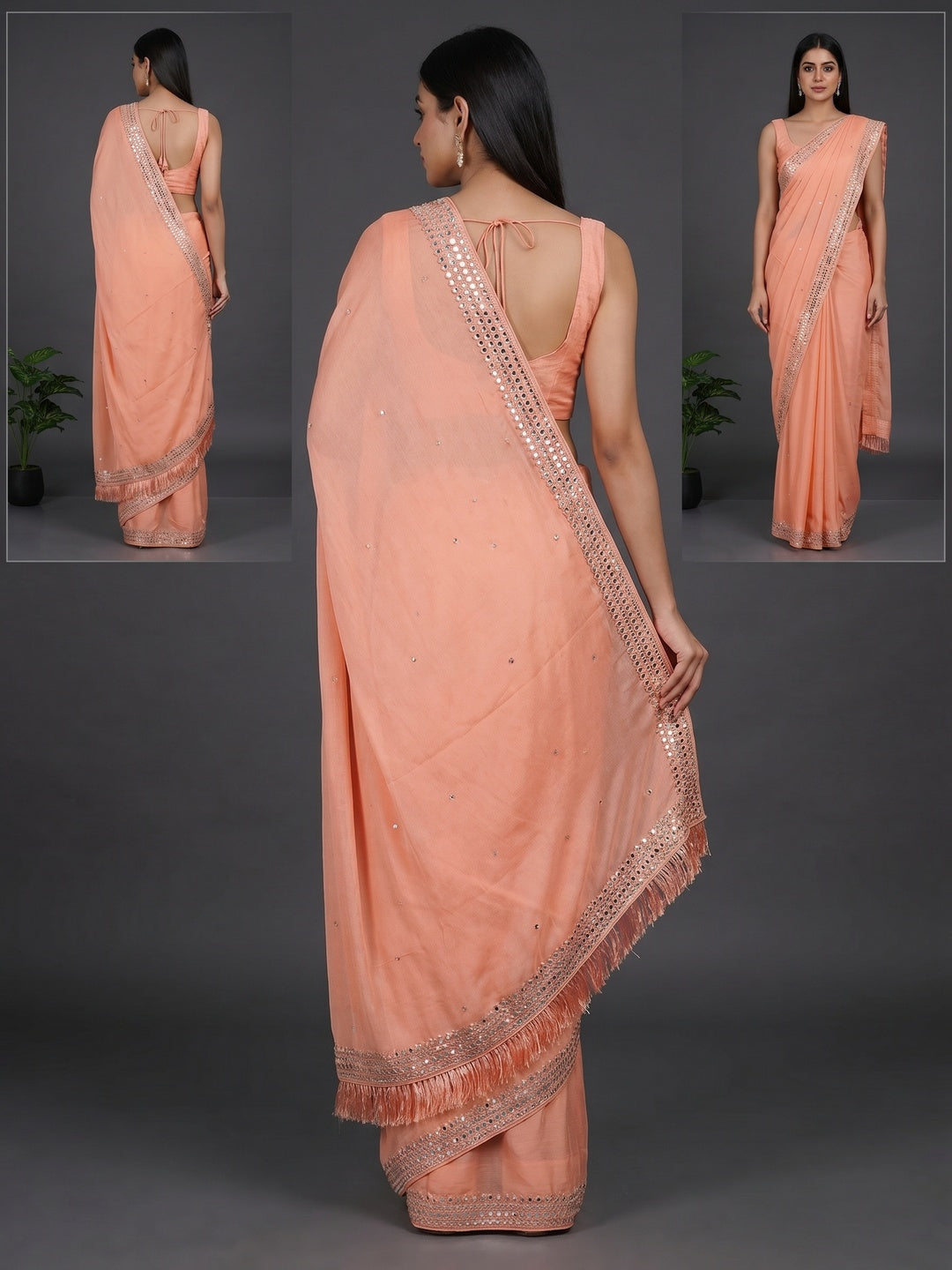 Peach Mirror With Swarovski Work Chinon Saree - Image 2