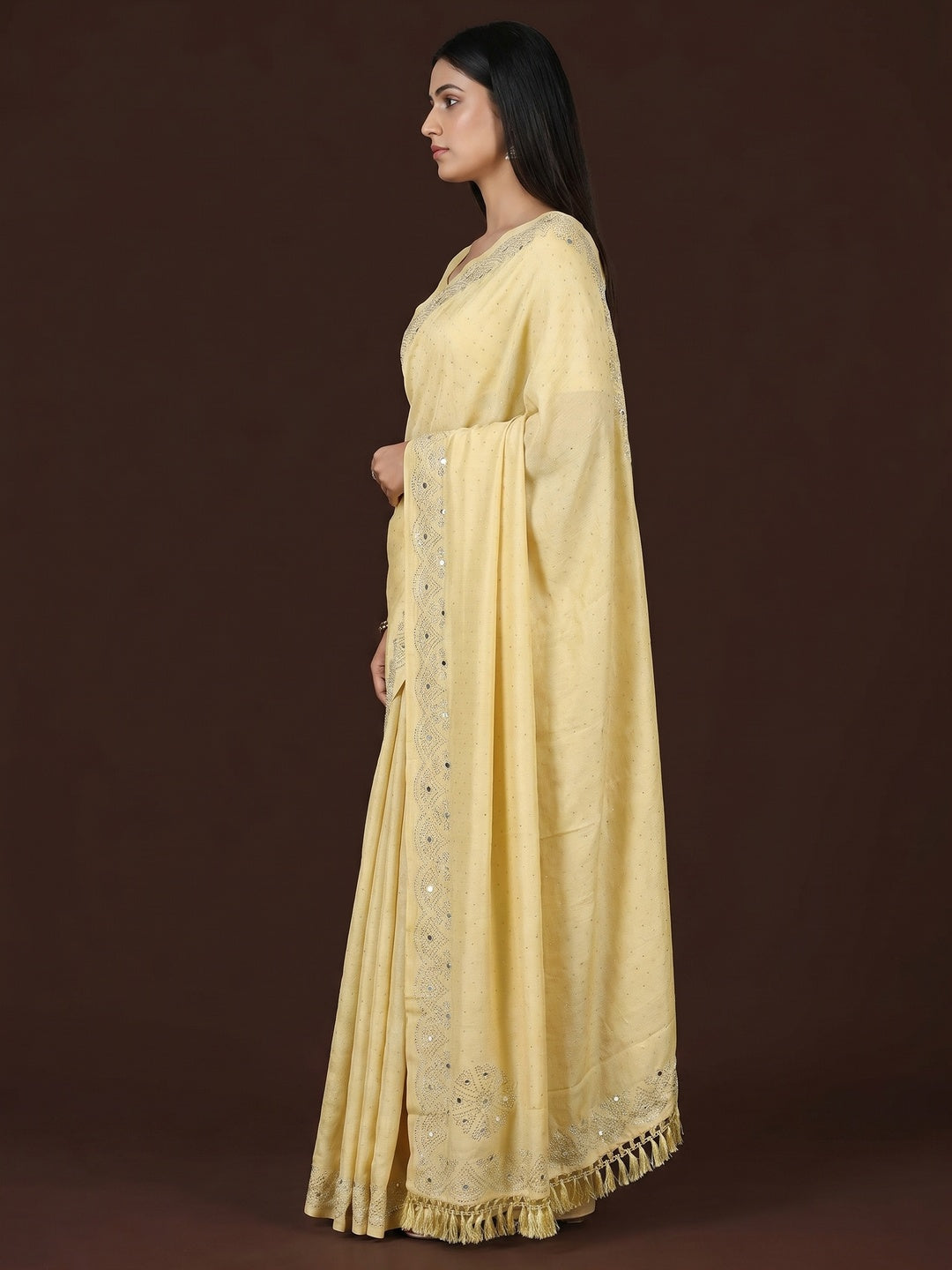 Yellow Mirror With Swarovski Work Chinon Saree - Image 3