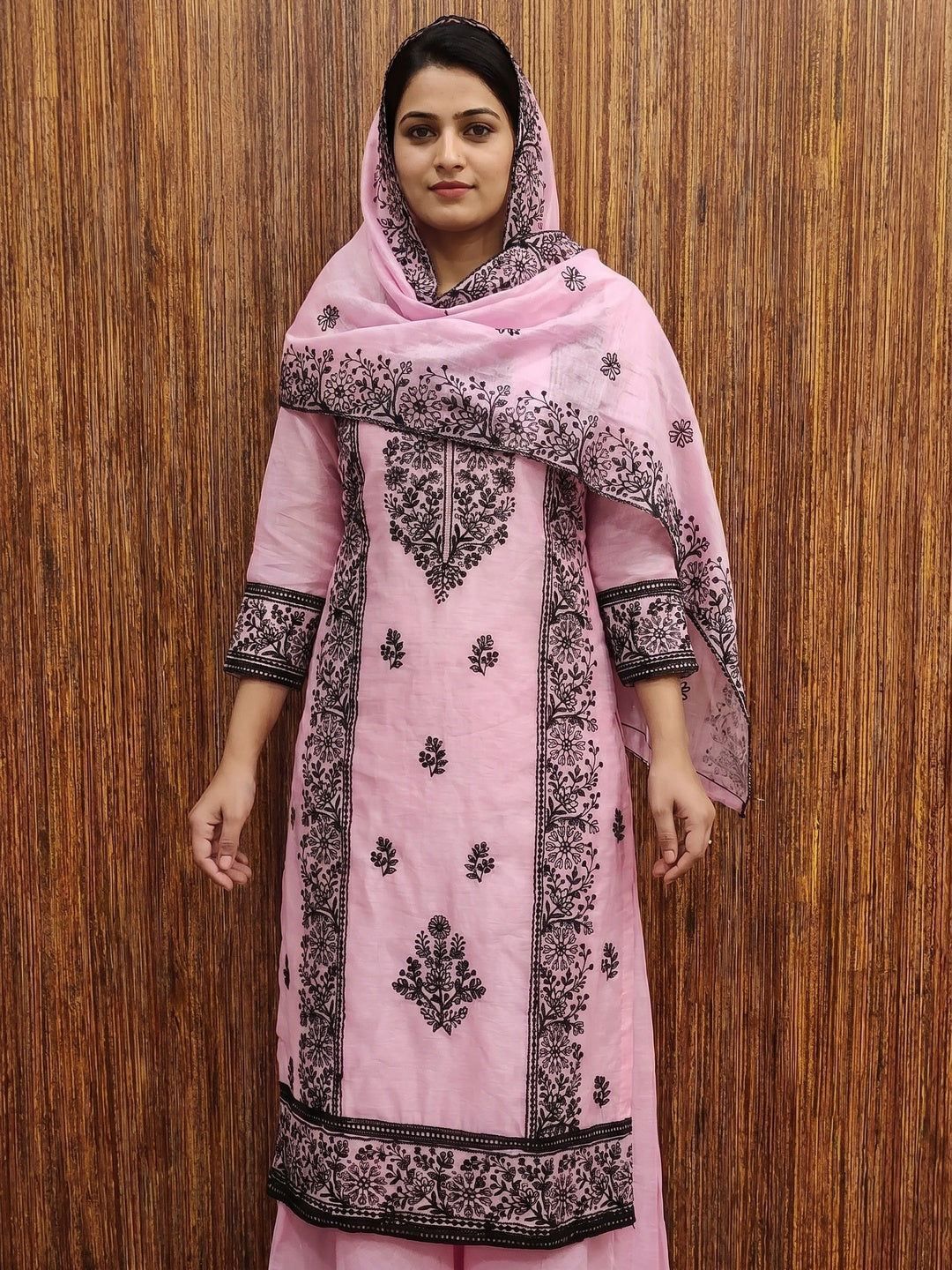 Pink Floral Embroidered Chanderi Dress Material - Image 1