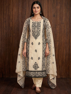 Cream Floral Embroidered Chanderi Dress Material - Image 1