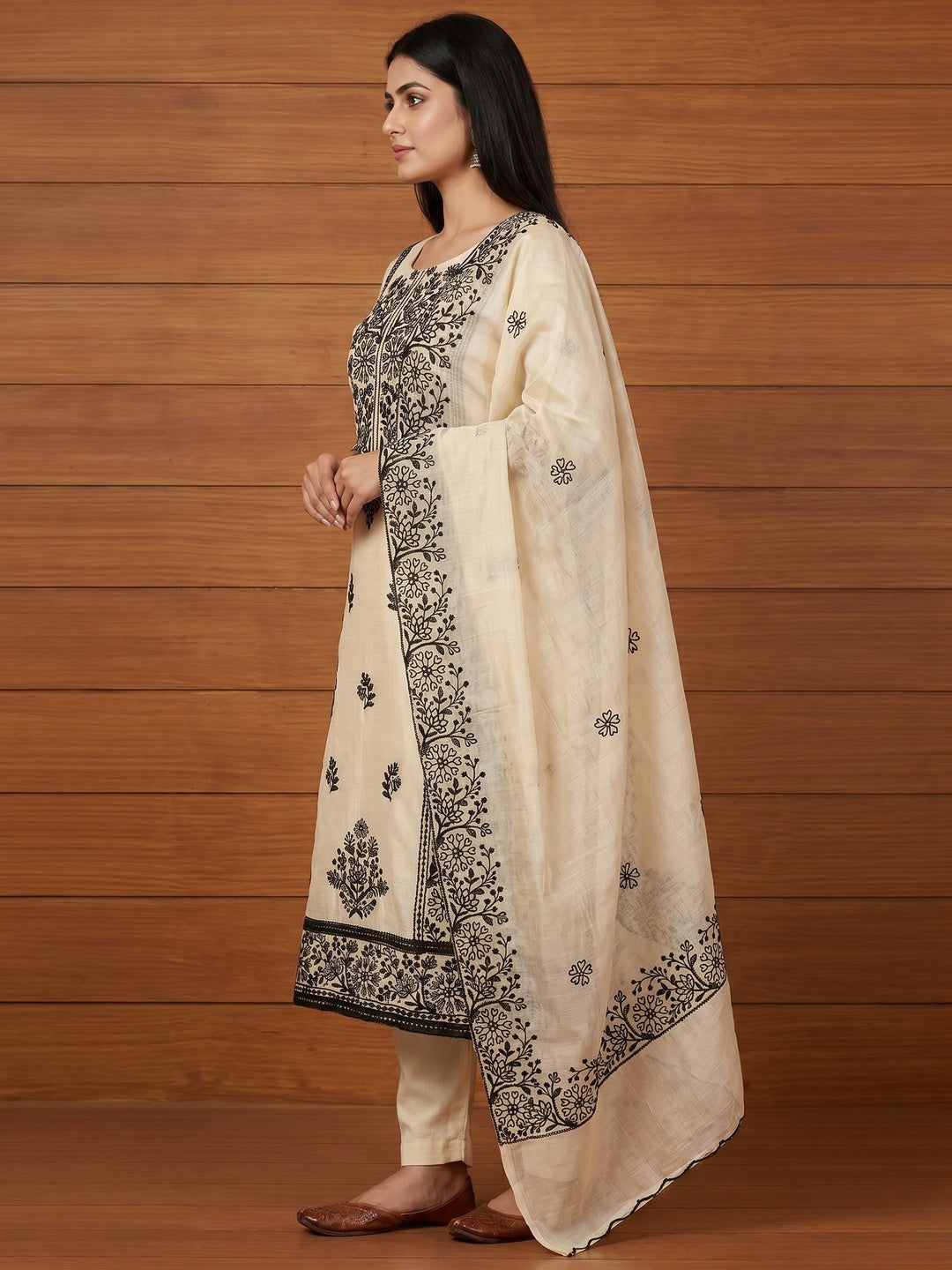 Cream Floral Embroidered Chanderi Dress Material - Image 3