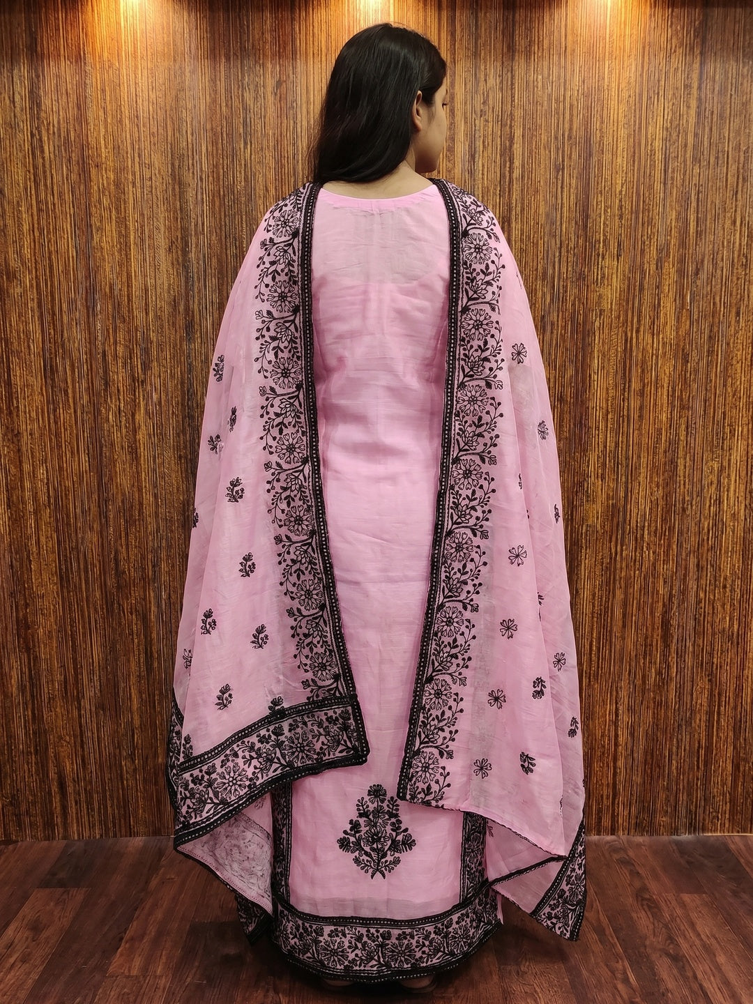 Pink Floral Embroidered Chanderi Dress Material - Image 2