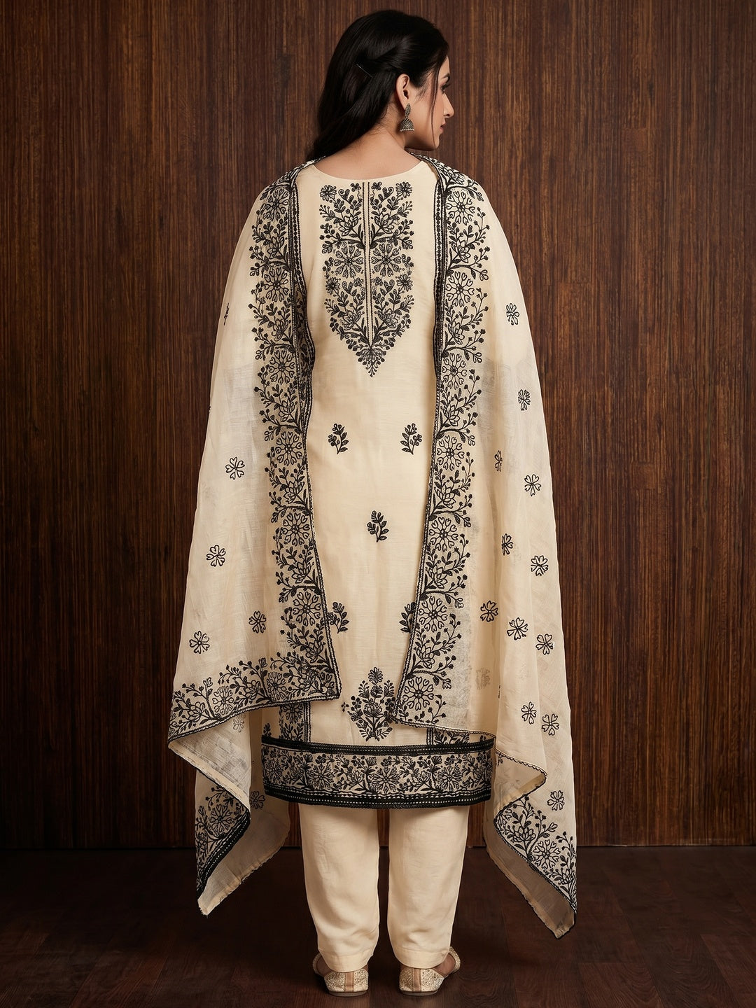 Cream Floral Embroidered Chanderi Dress Material - Image 2