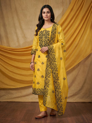 Yellow Floral Embroidered Chanderi Dress Material - Image 1