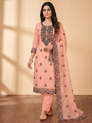 Peach Floral Embroidered Chanderi Dress Material - Image 1