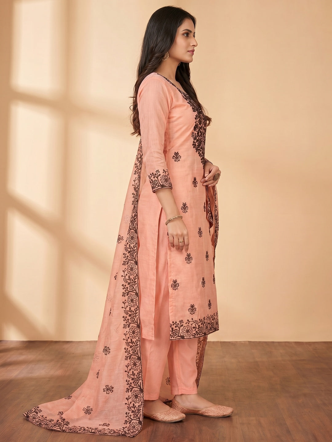 Peach Floral Embroidered Chanderi Dress Material - Image 3