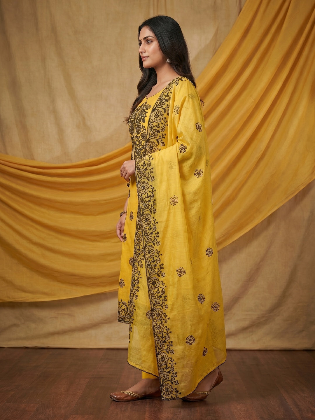 Yellow Floral Embroidered Chanderi Dress Material - Image 3