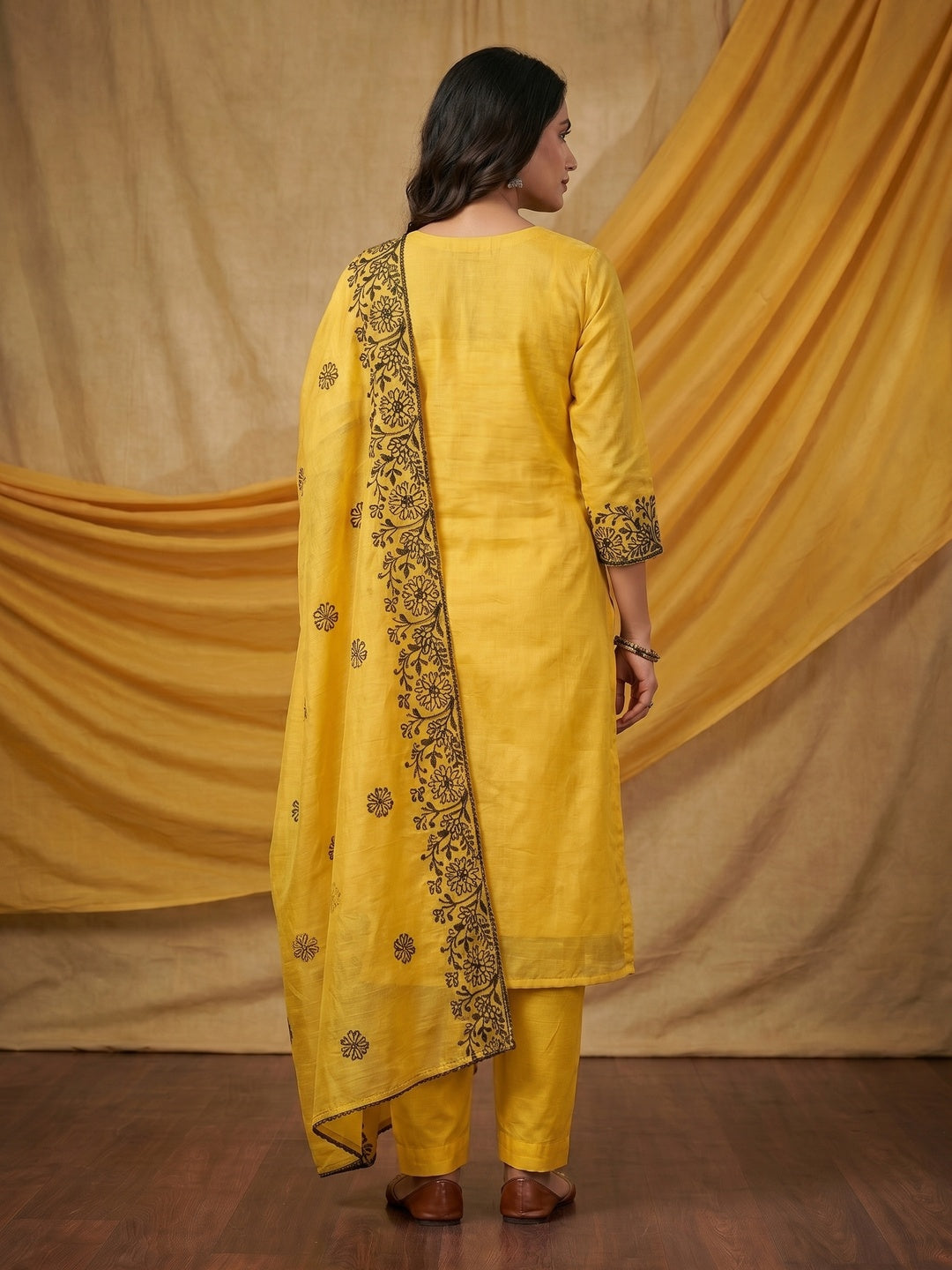 Yellow Floral Embroidered Chanderi Dress Material - Image 2