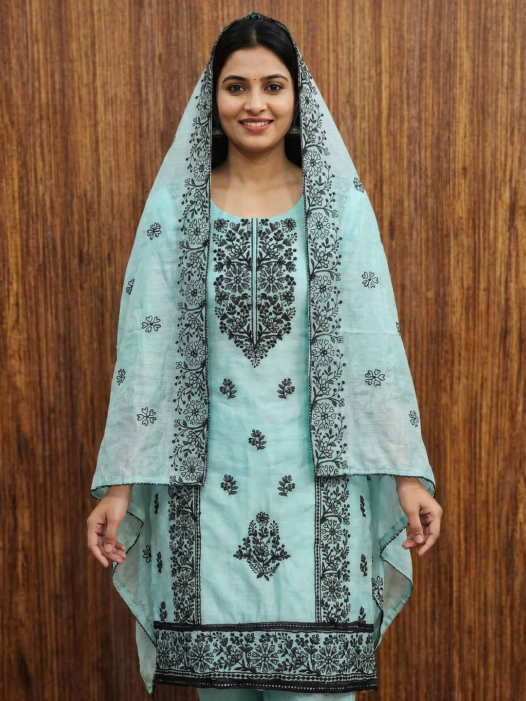Blue Floral Embroidered Chanderi Dress Material - Image 1
