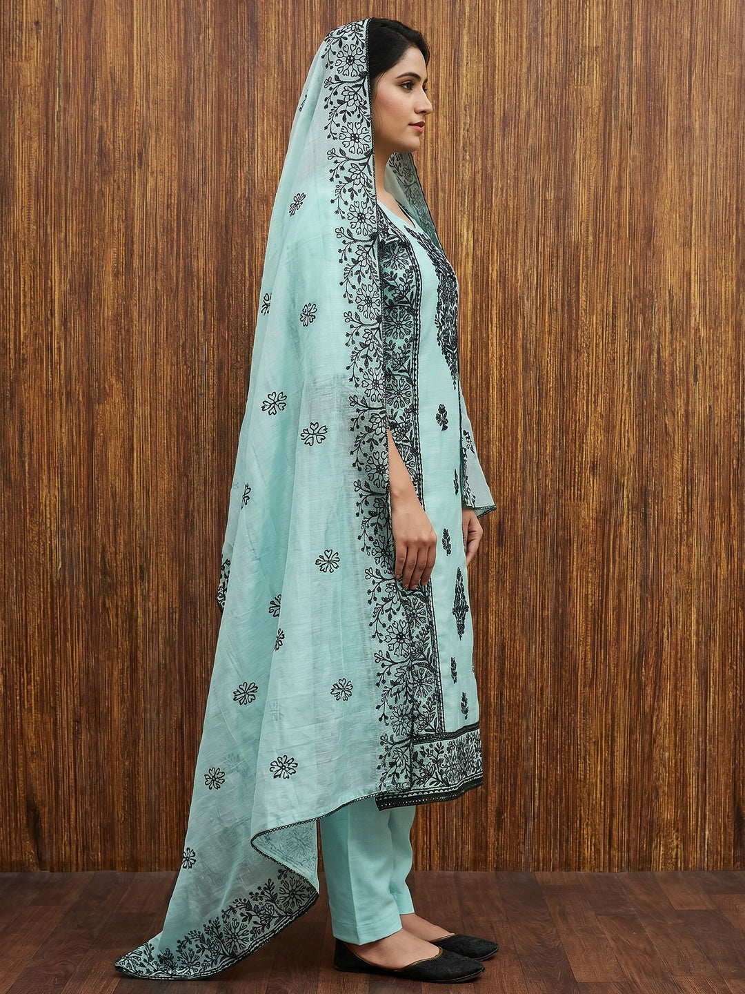 Blue Floral Embroidered Chanderi Dress Material - Image 2