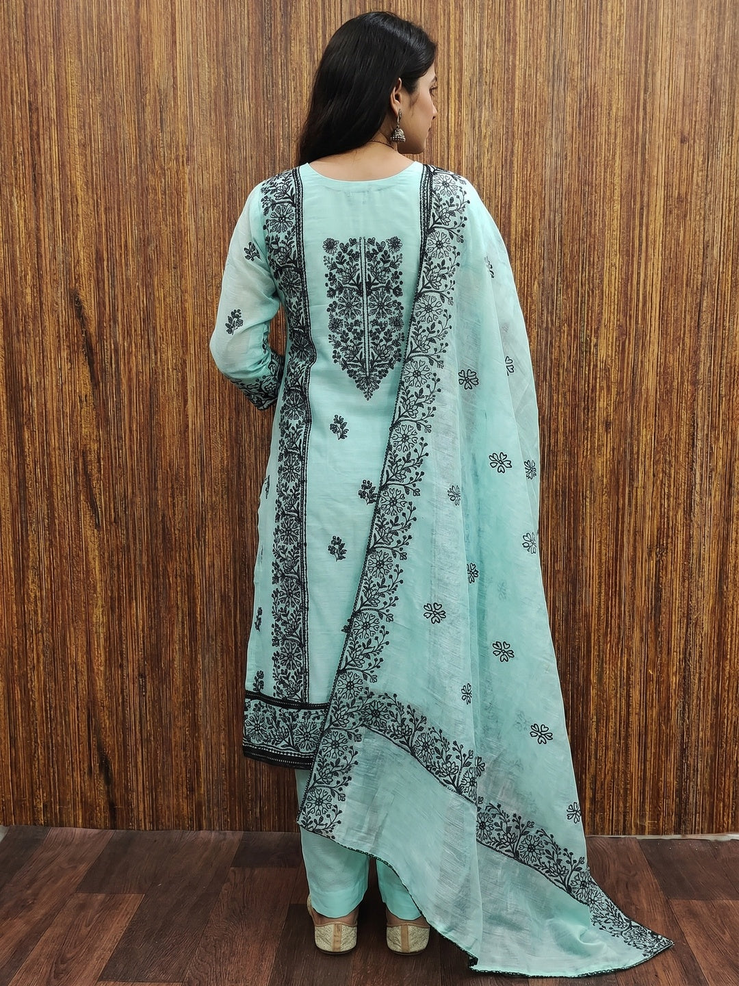 Blue Floral Embroidered Chanderi Dress Material - Image 3