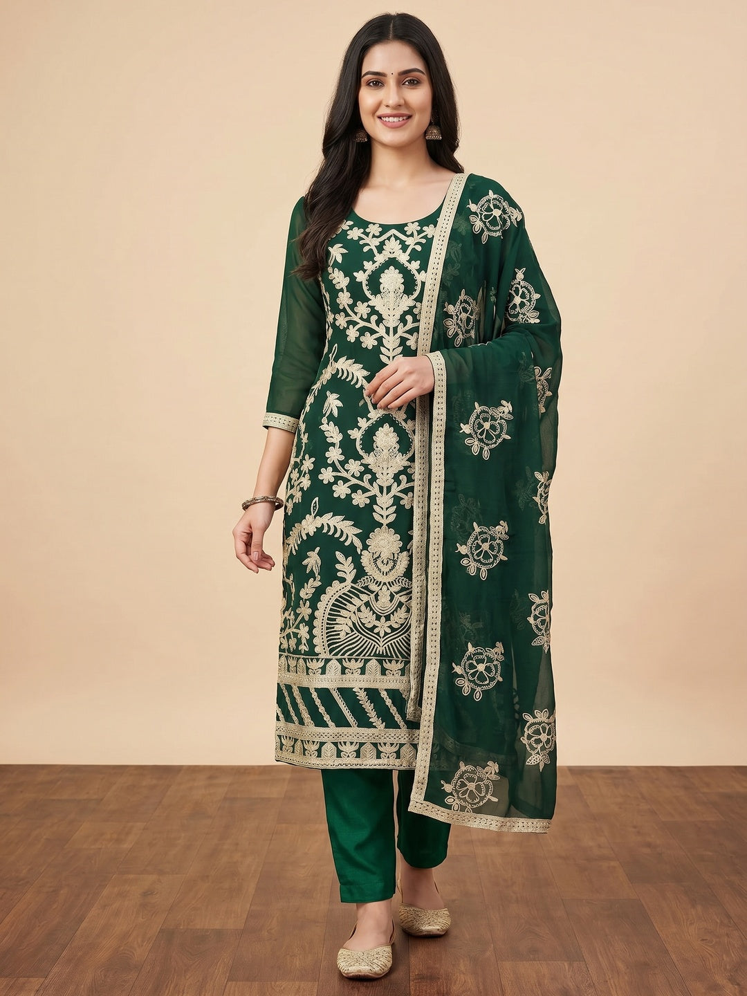 Green Floral Embroidered Georgette Dress Material - Image 1