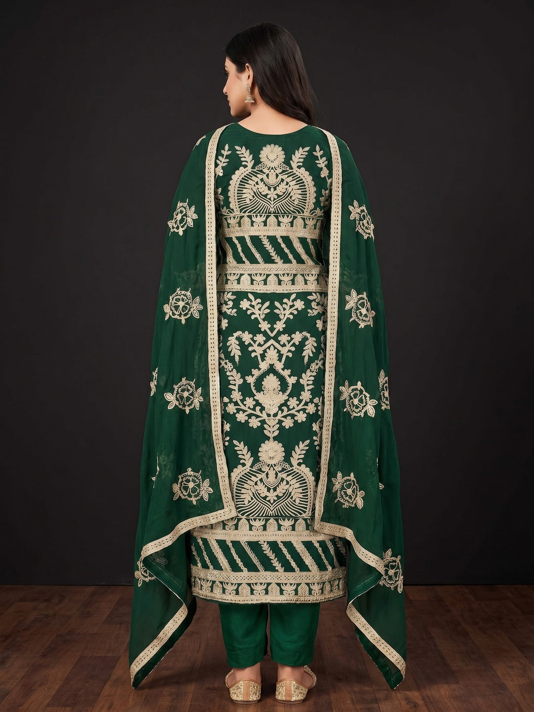 Green Floral Embroidered Georgette Dress Material - Image 3