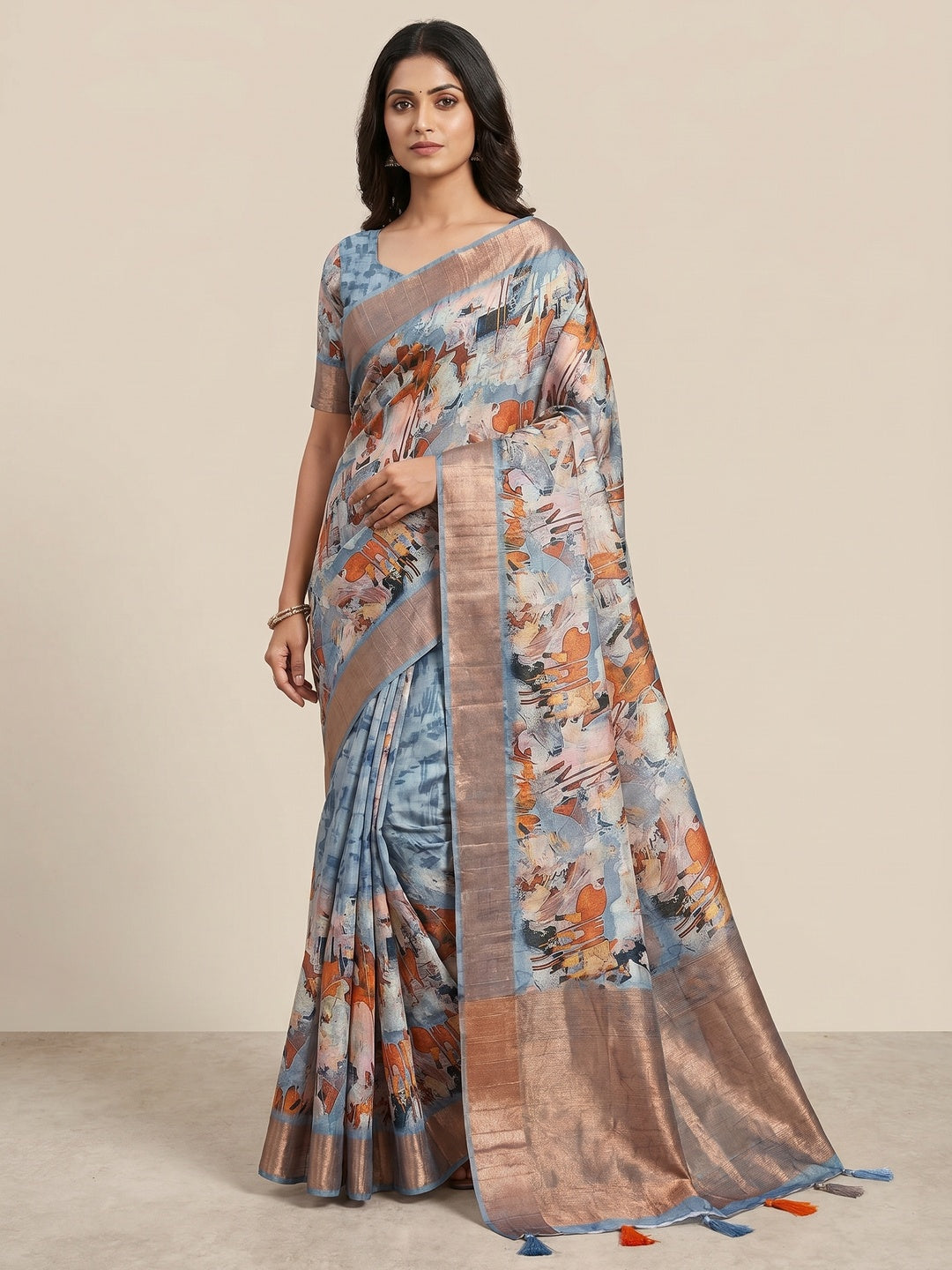 Grey Digital Printed Tussar Silk Saree - Image 1