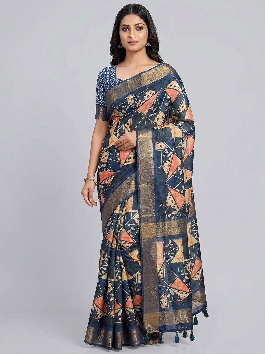 Navy Blue Digital Printed Tussar Silk Saree - Image 1