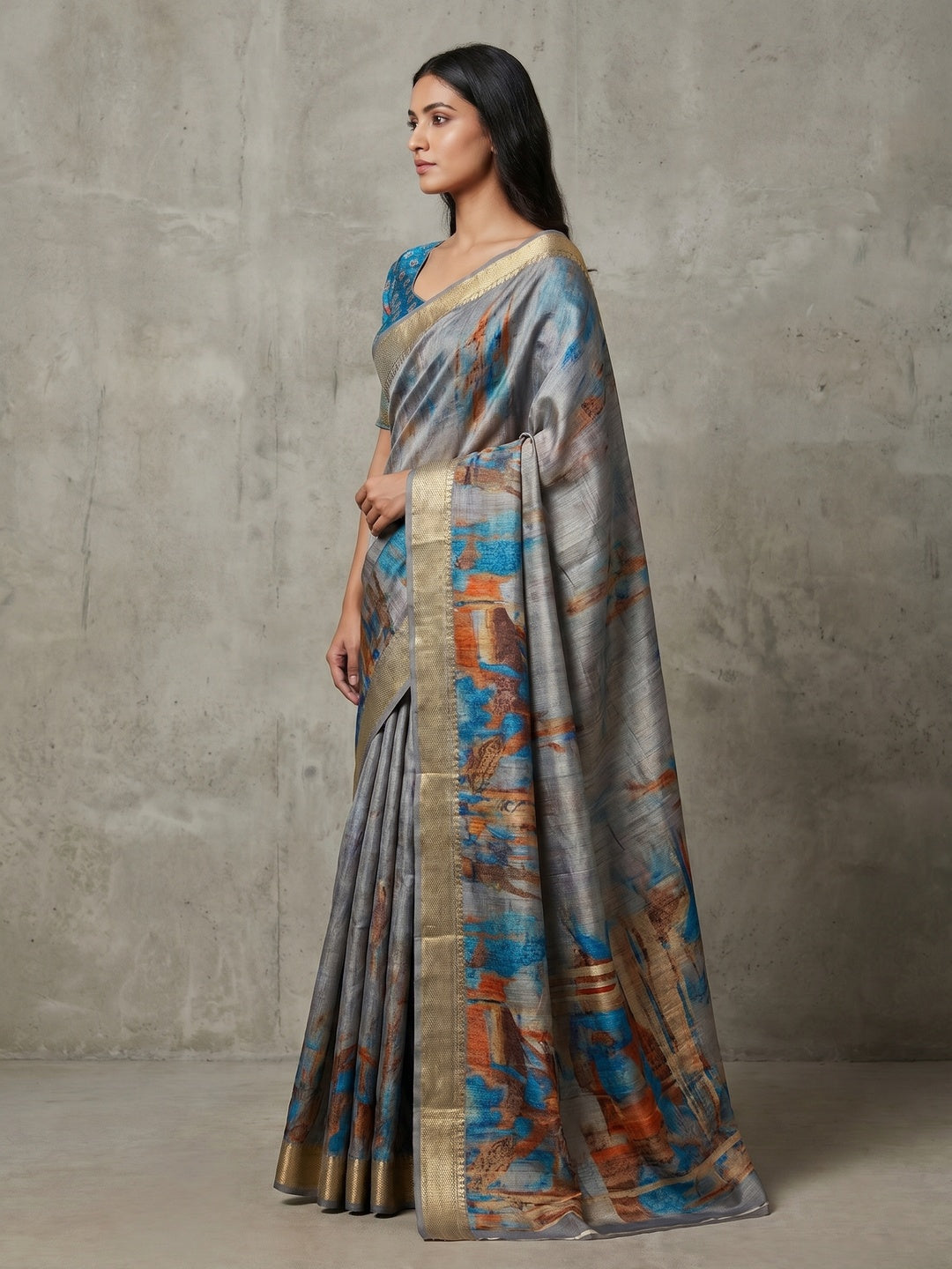 Grey Digital Printed Tussar Silk Saree - Image 2