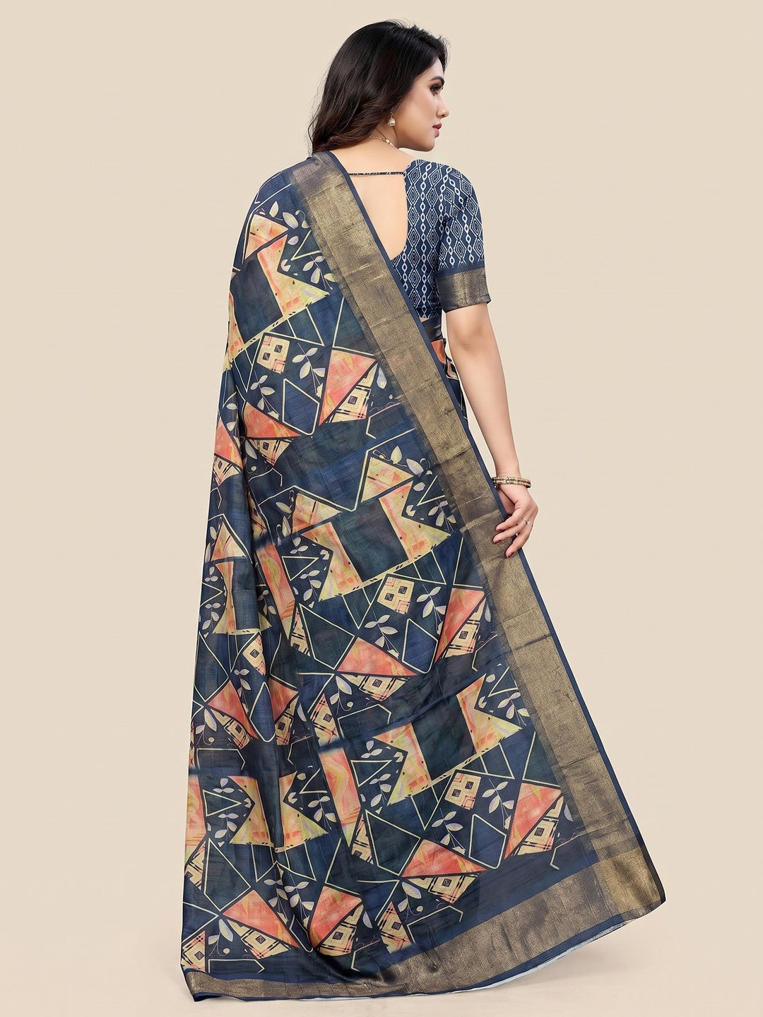 Navy Blue Digital Printed Tussar Silk Saree - Image 2