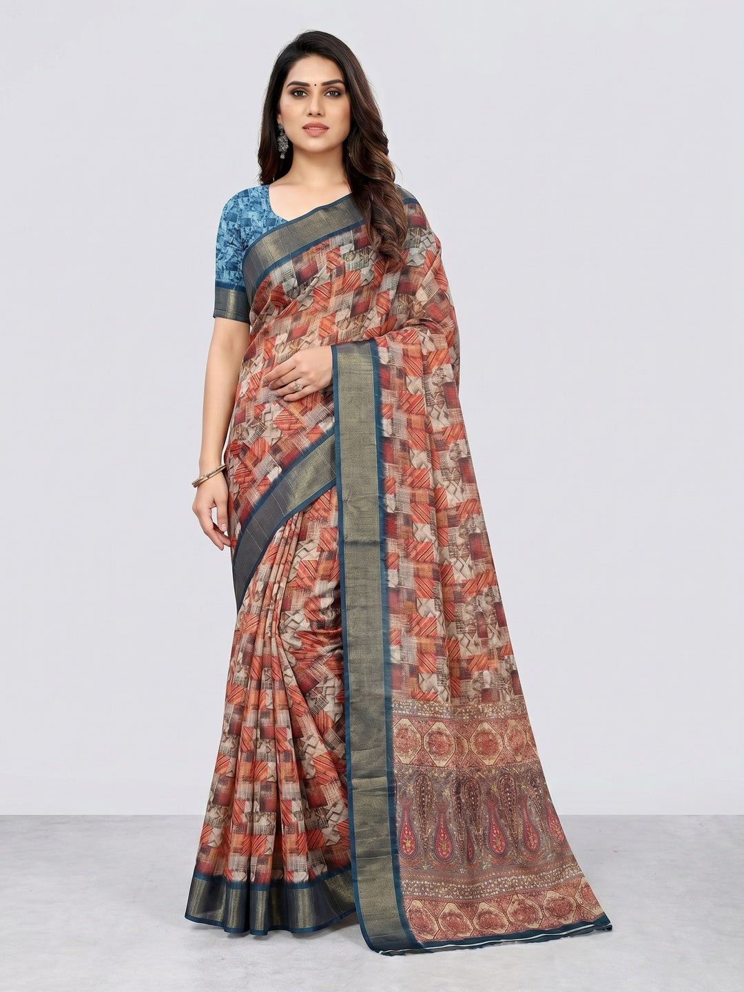 Rust Digital Printed Tussar Silk Saree - Image 1