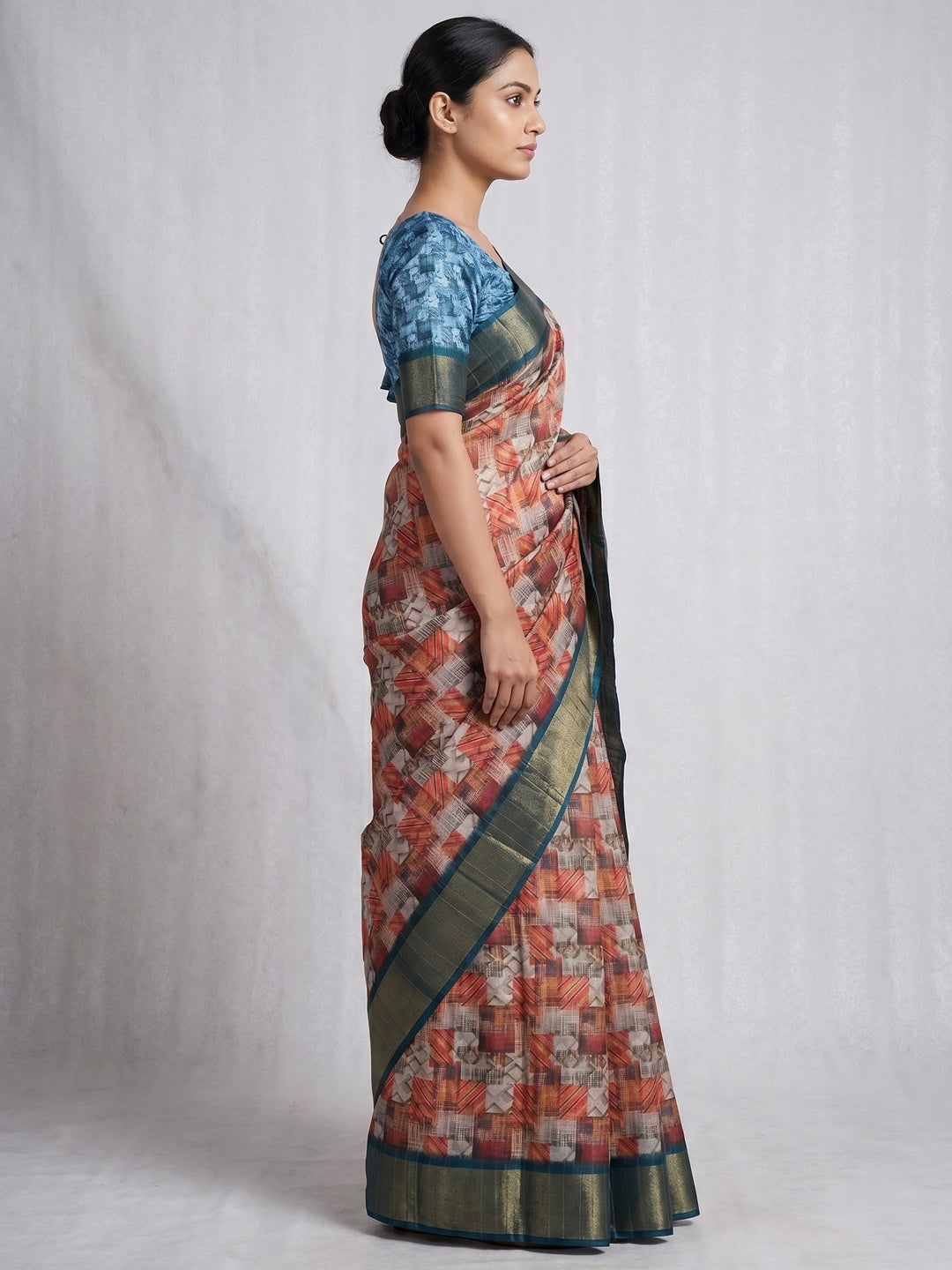 Rust Digital Printed Tussar Silk Saree - Image 2