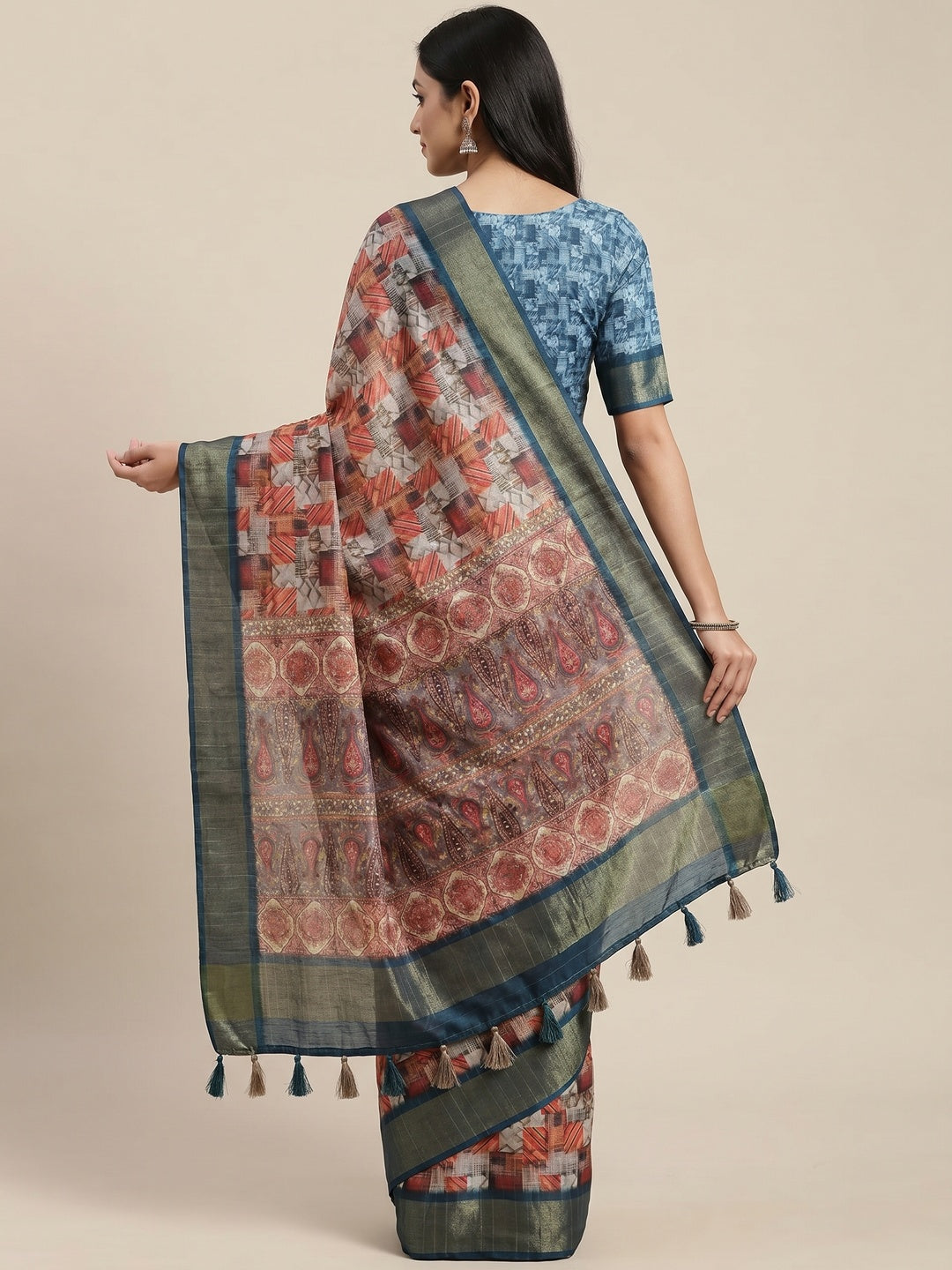Rust Digital Printed Tussar Silk Saree - Image 3