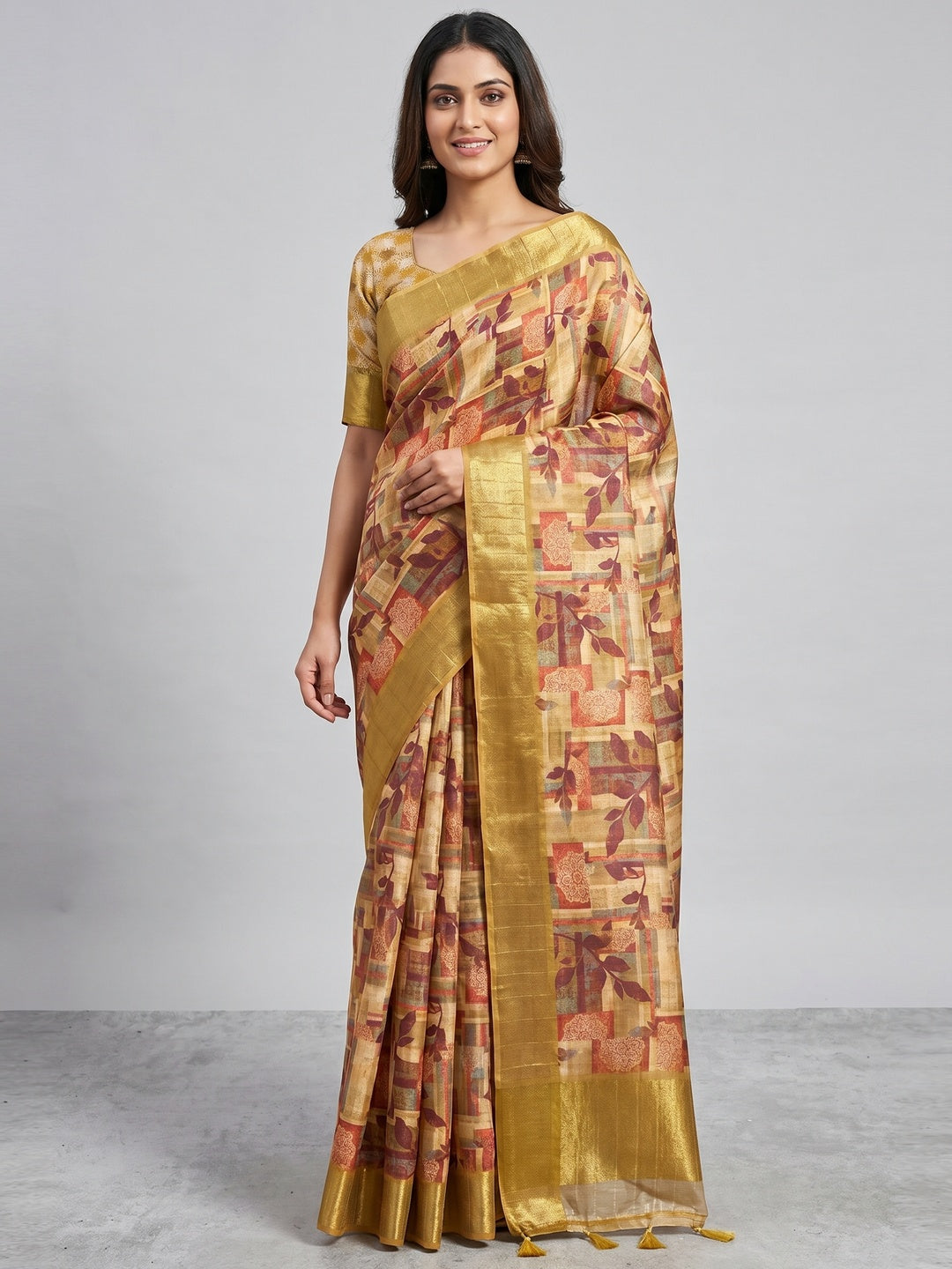 Golden Digital Printed Tussar Silk Saree - Image 1