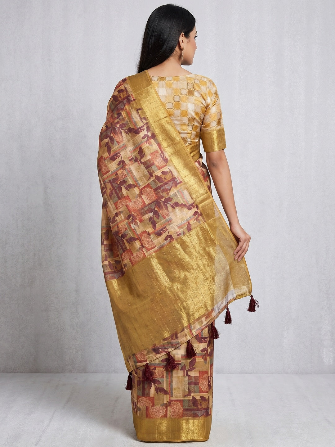 Golden Digital Printed Tussar Silk Saree - Image 3