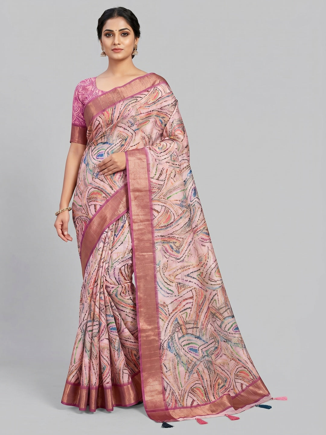 Light Pink Digital Printed Tussar Silk Saree - Image 1