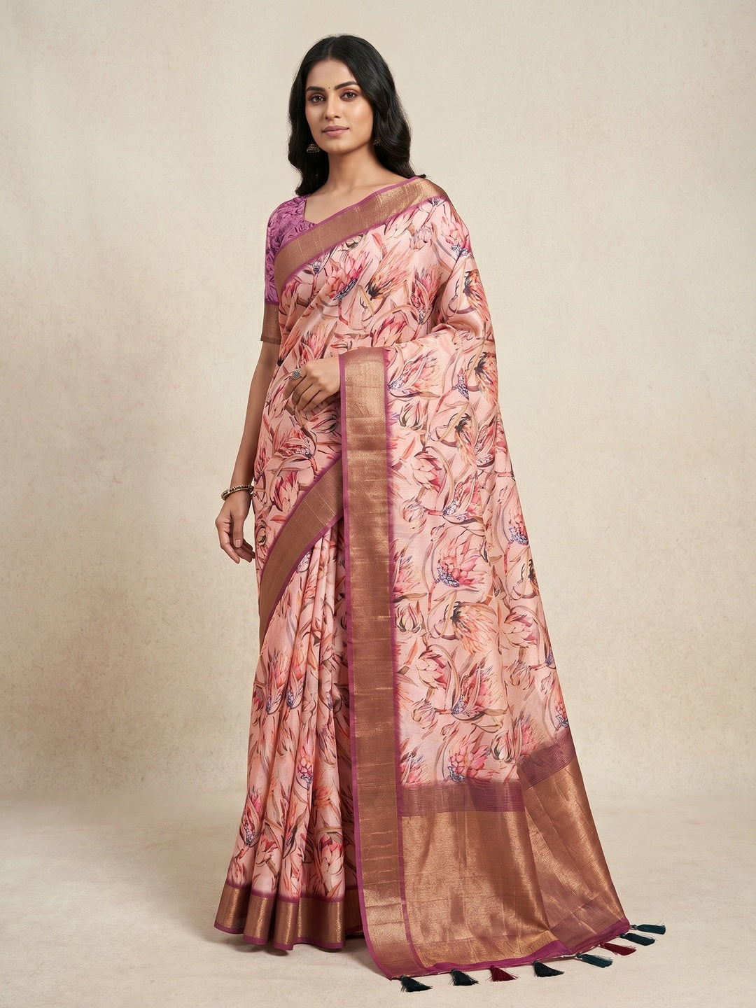 Peach Digital Printed Tussar Silk Saree - Image 1