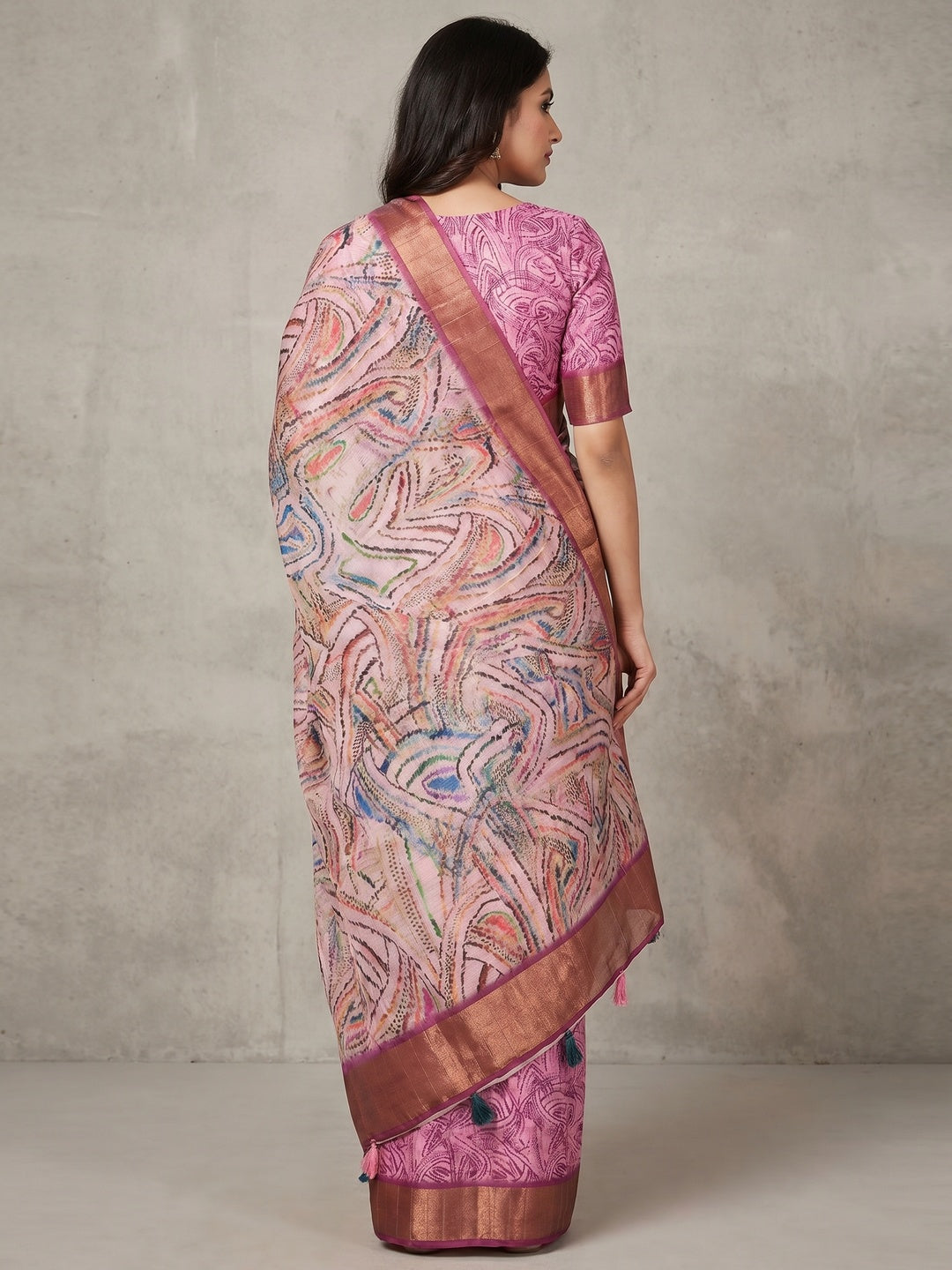 Light Pink Digital Printed Tussar Silk Saree - Image 2