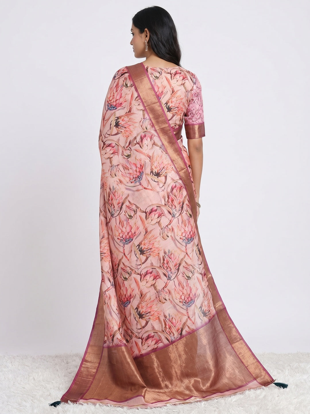 Peach Digital Printed Tussar Silk Saree - Image 2