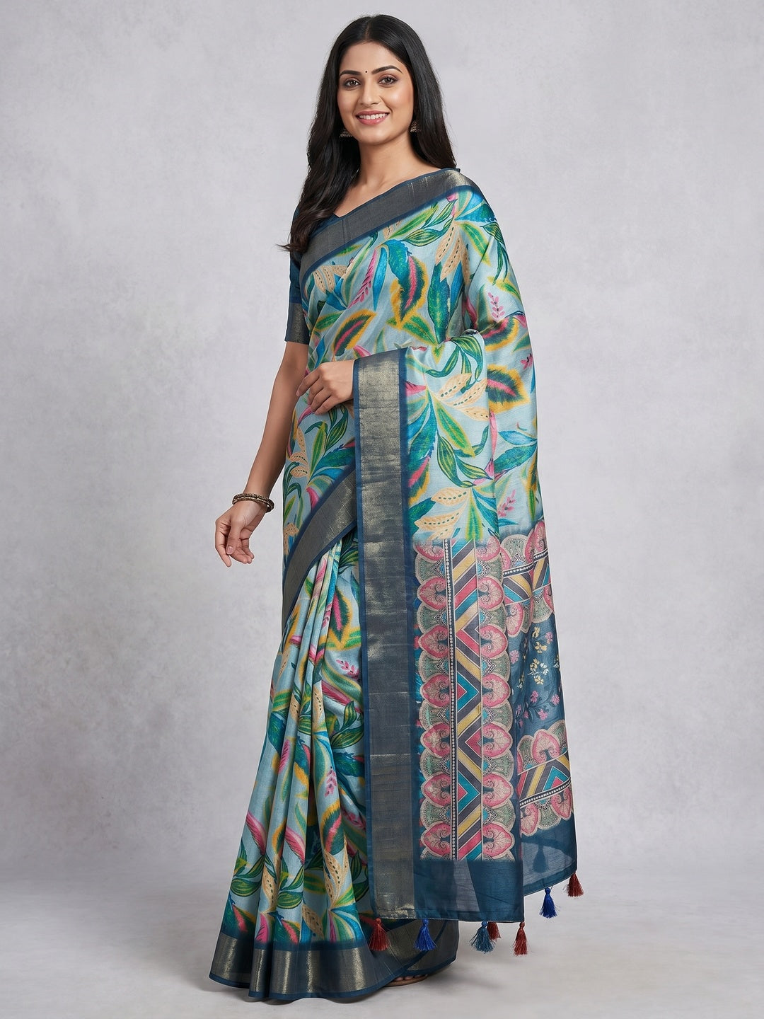 Sky Blue Digital Printed Tussar Silk Saree - Image 1