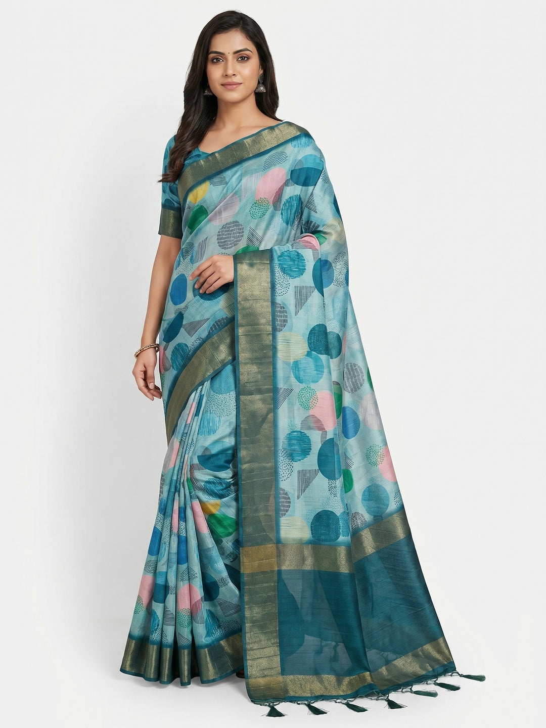 Teal Digital Printed Tussar Silk Saree - Image 1