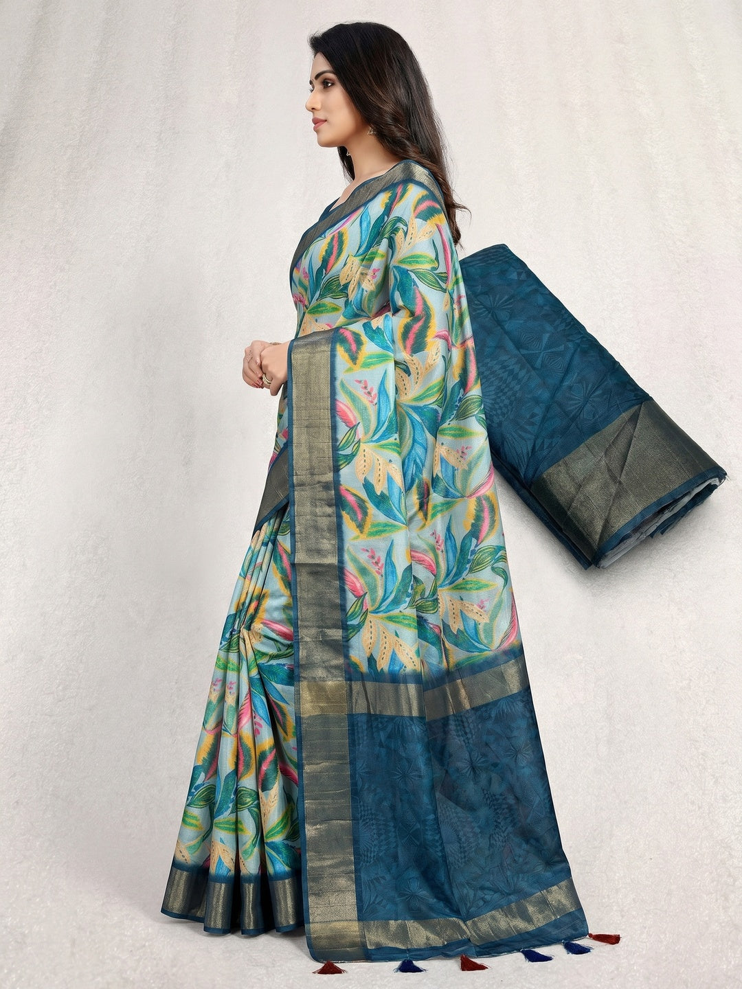 Sky Blue Digital Printed Tussar Silk Saree - Image 2