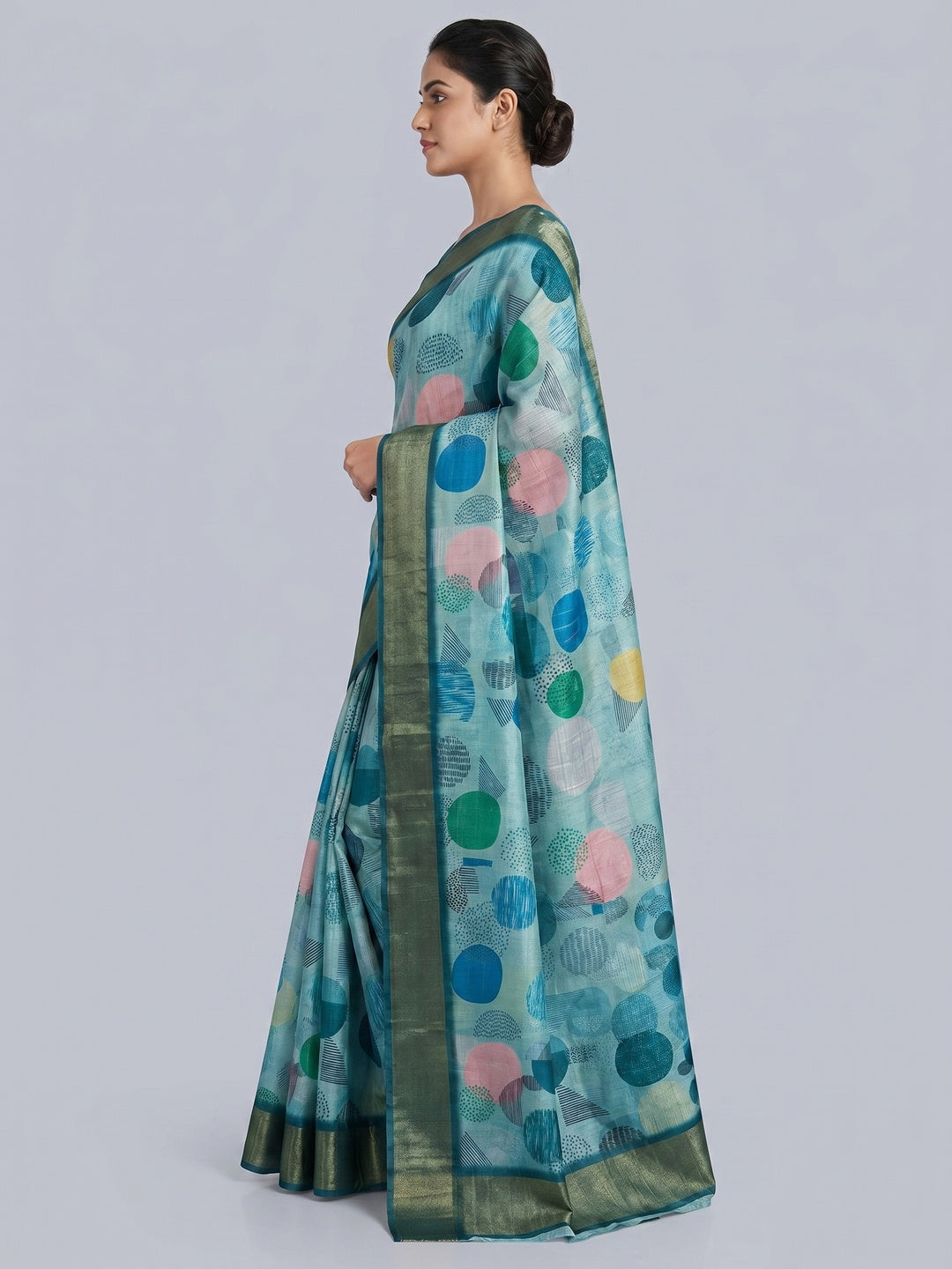 Teal Digital Printed Tussar Silk Saree - Image 2
