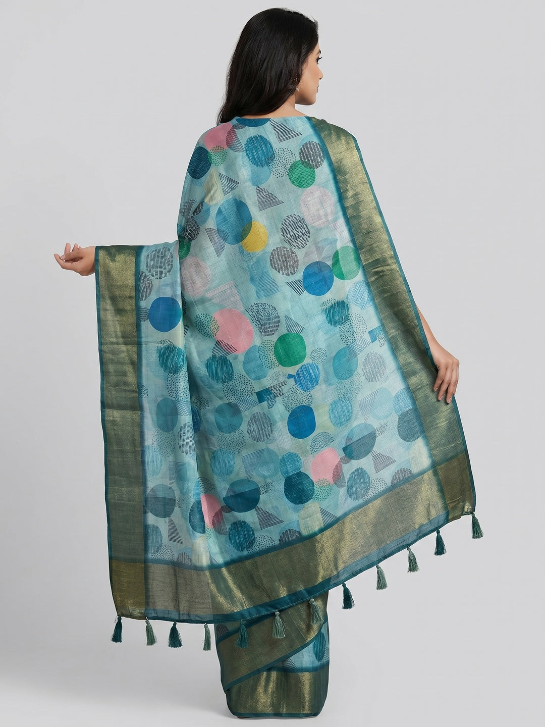 Teal Digital Printed Tussar Silk Saree - Image 3