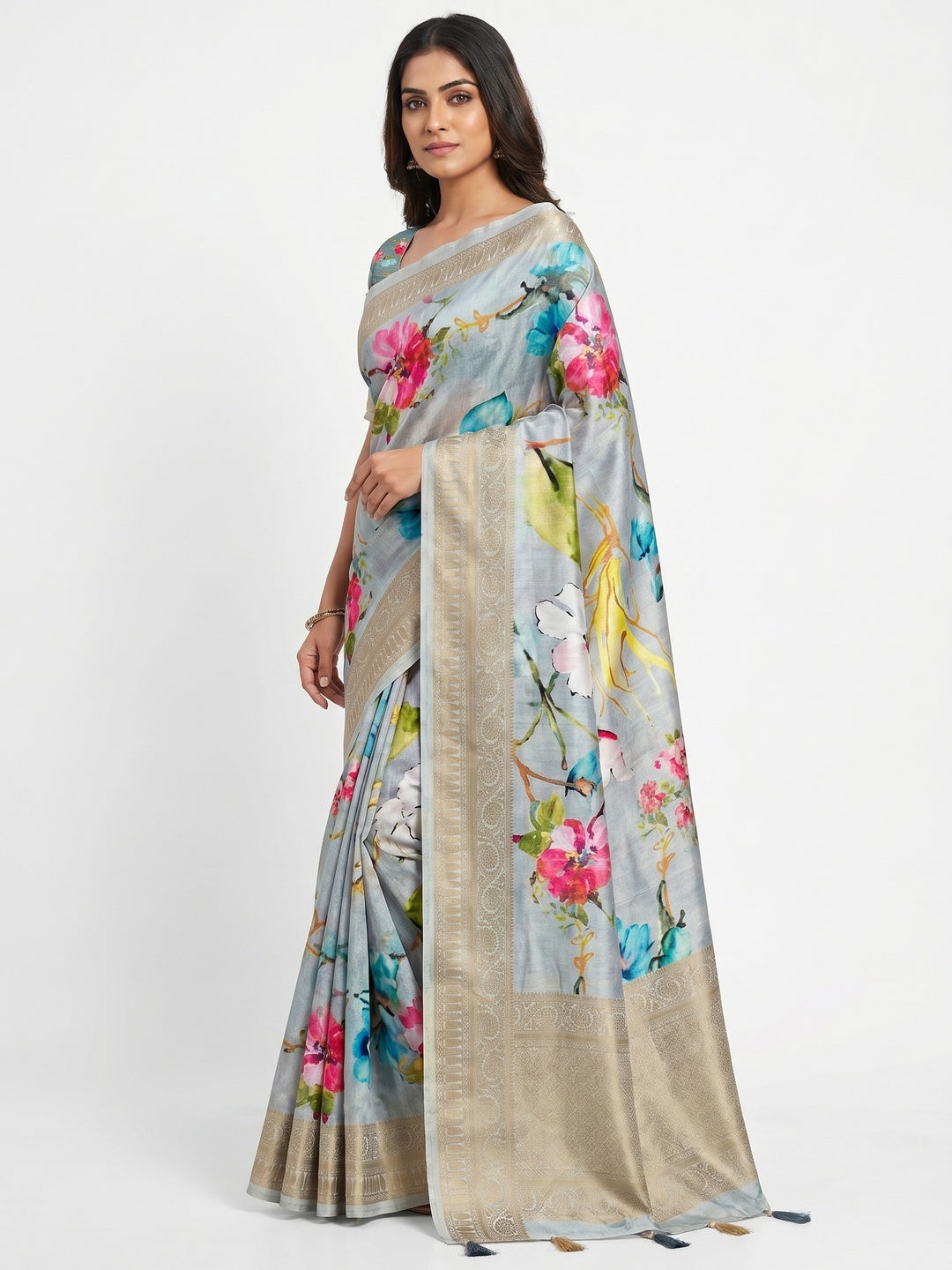 Grey Digital Printed Dola Silk Saree With Woven Border - Image 1