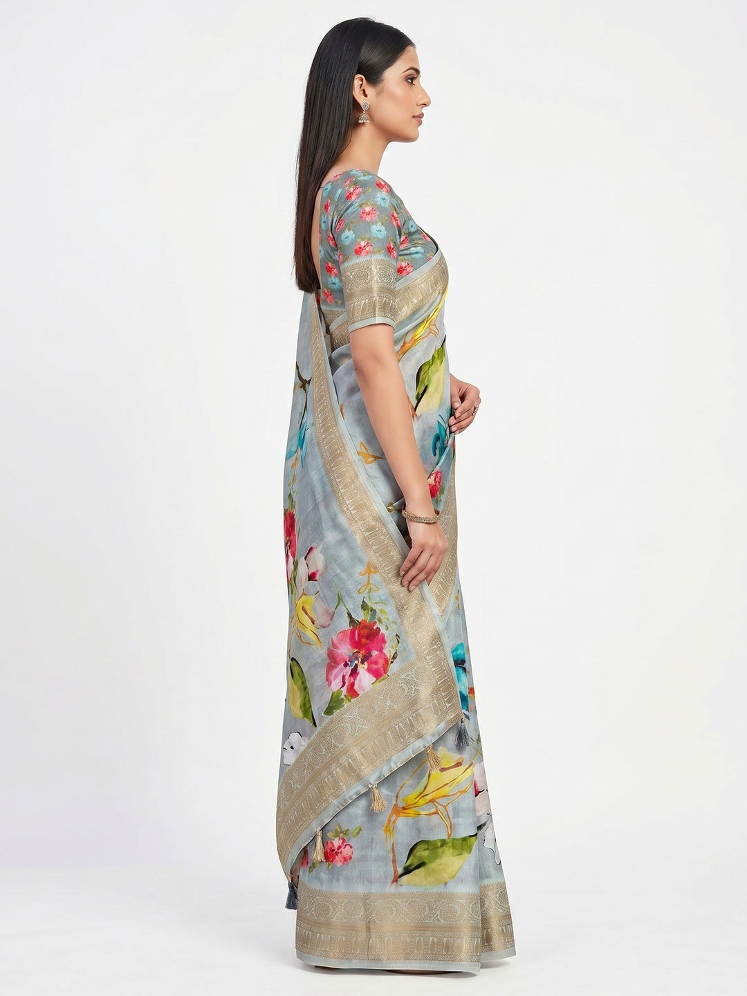 Grey Digital Printed Dola Silk Saree With Woven Border - Image 2