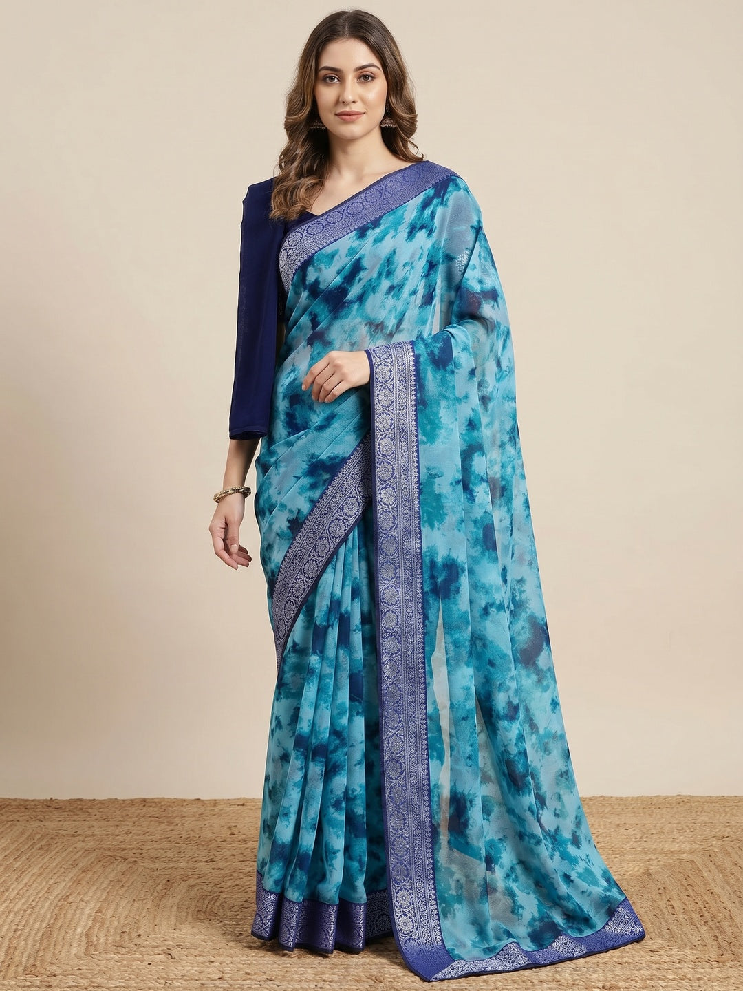 Blue Tie Dye Printed Georgette Saree - Image 1