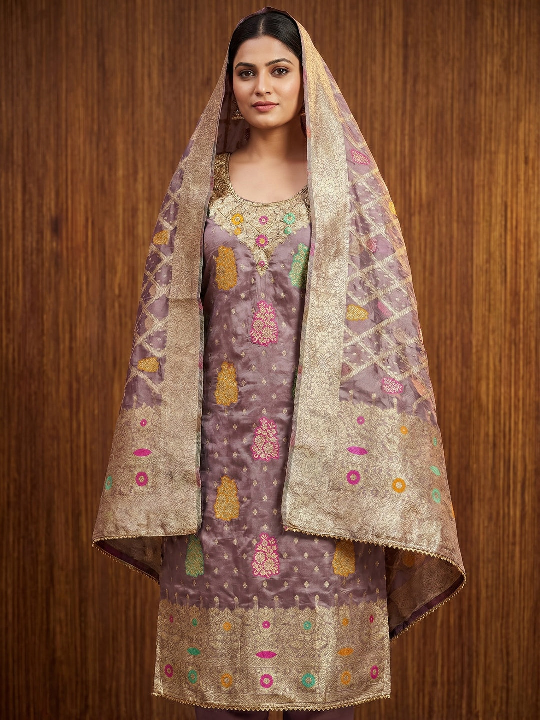 Mauve Floral Woven Jacquard Dress Material - Image 1