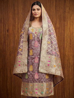 Mauve Floral Woven Jacquard Dress Material - Image 1