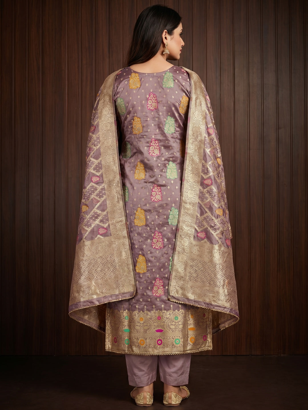 Mauve Floral Woven Jacquard Dress Material - Image 3