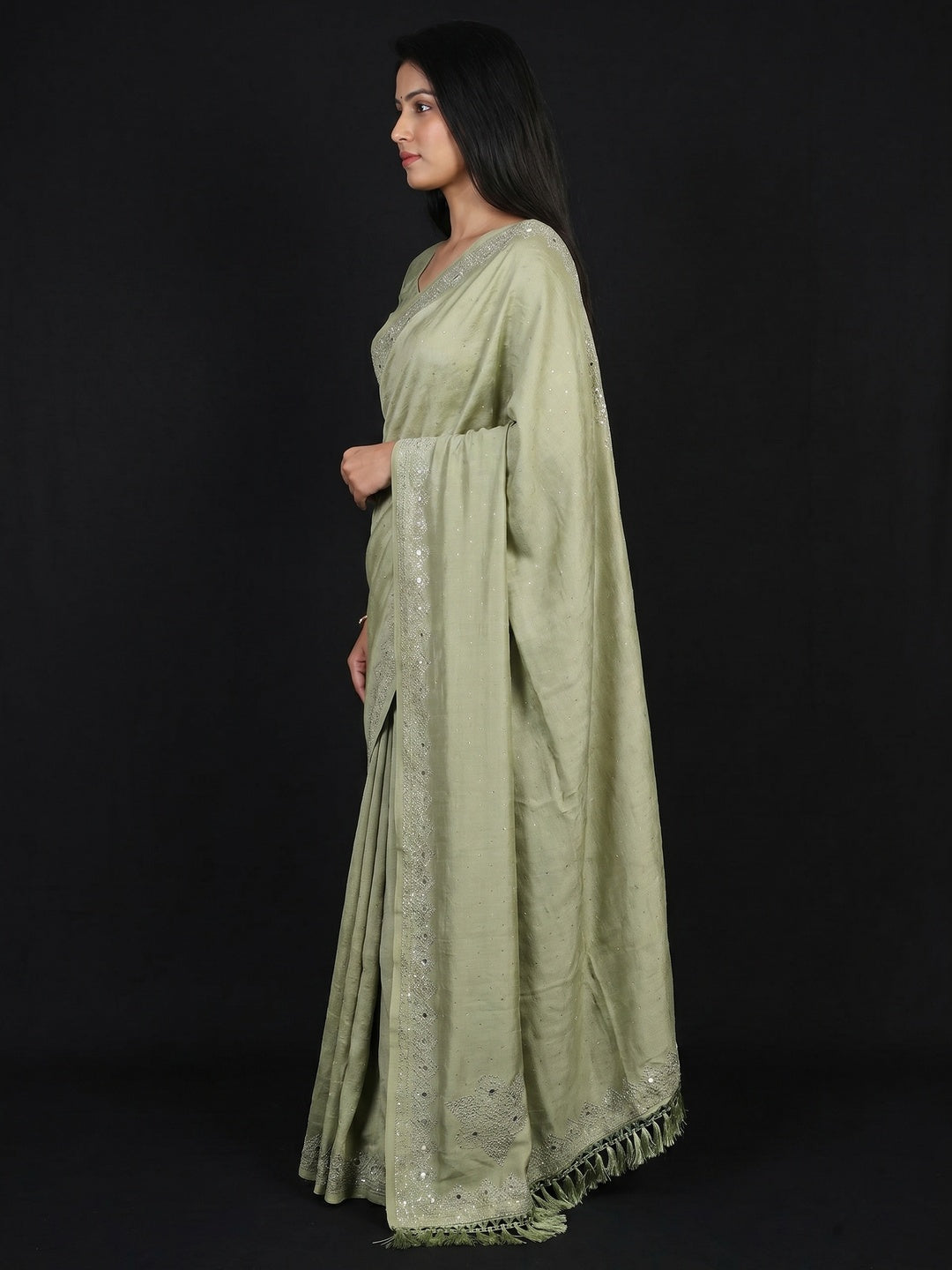 Green Mirror With Swarovski Work Chinon Saree With Tassels - Image 2