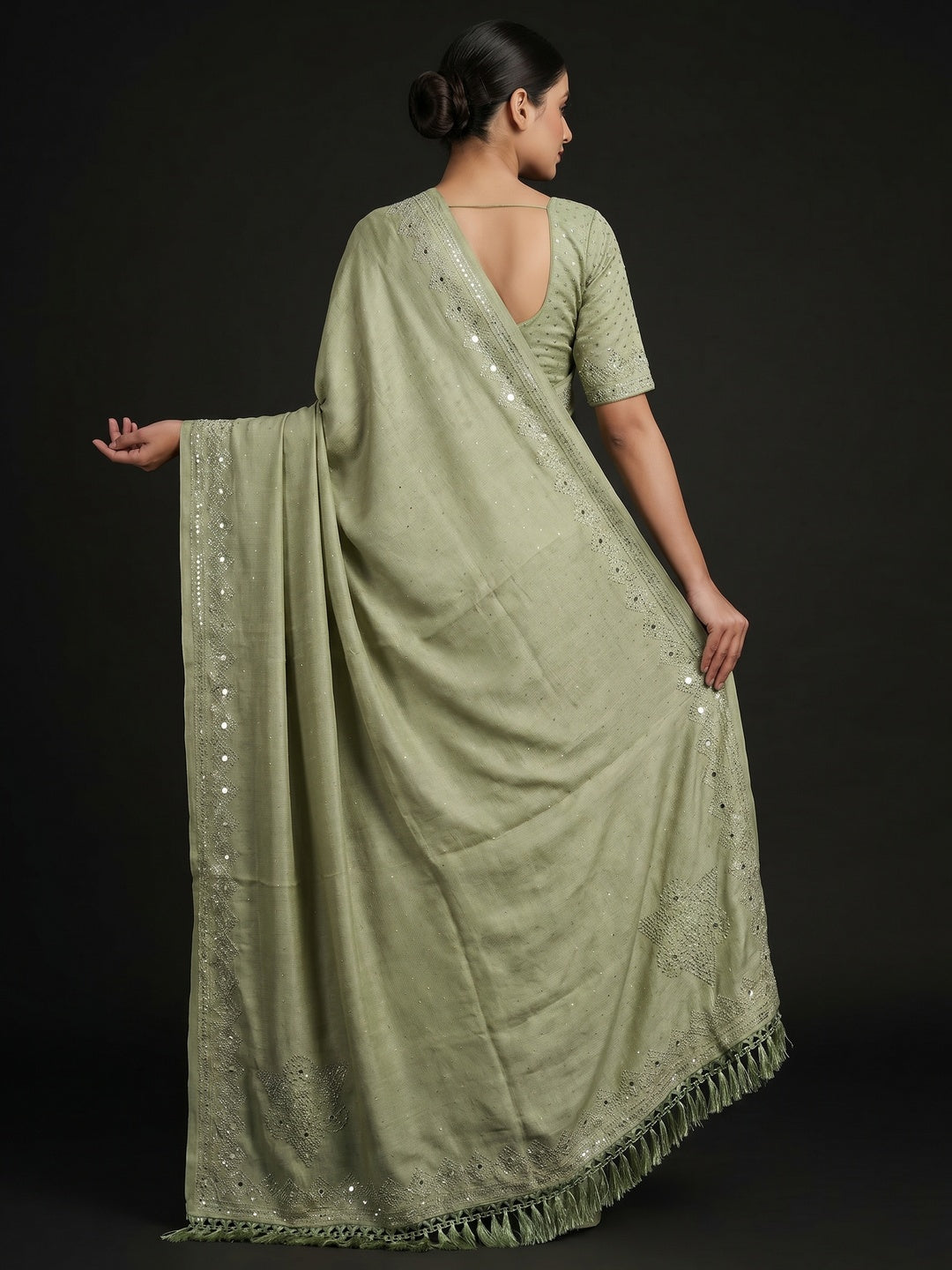 Green Mirror With Swarovski Work Chinon Saree With Tassels - Image 3