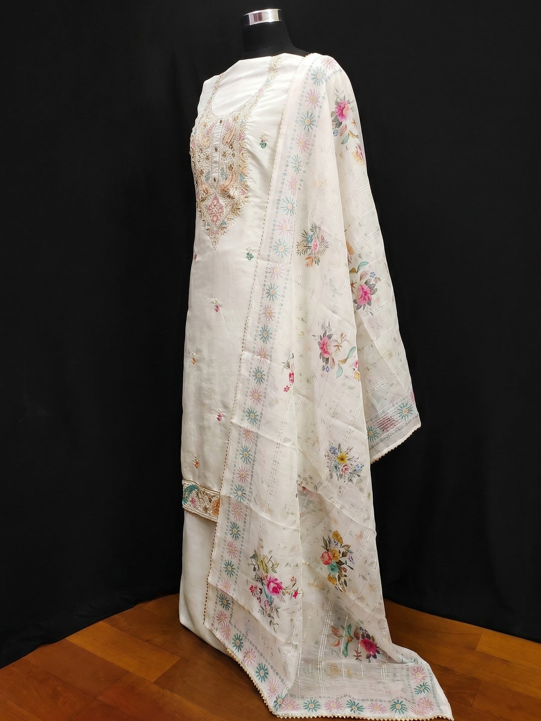 White Embroidered Viscose Dress Material - Image 2