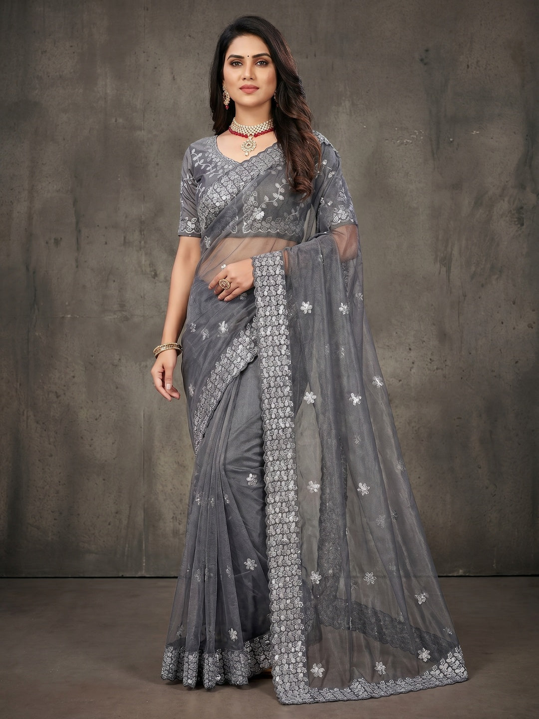 Grey Floral Embroidered Net Saree - Image 1